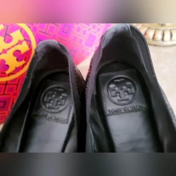 Tory Burch Bridgette Quilted Leather Ballet Flats Padded Black Patent Toe US 8.5