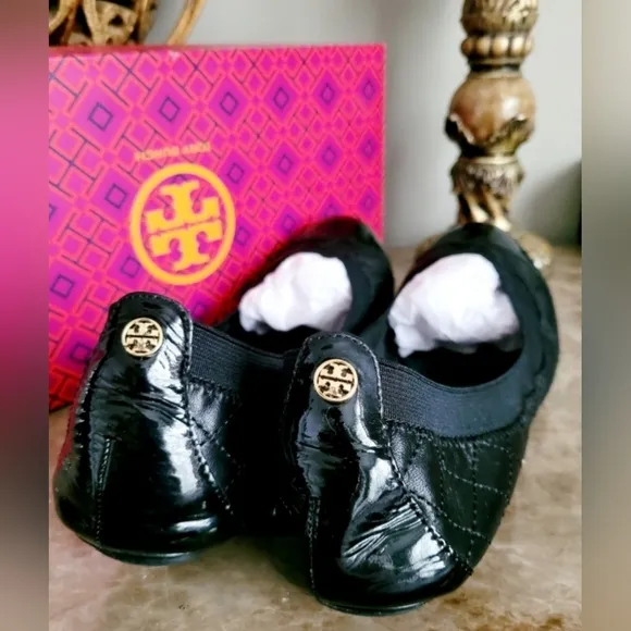 Tory Burch Bridgette Quilted Leather Ballet Flats Padded Black Patent Toe US 8.5