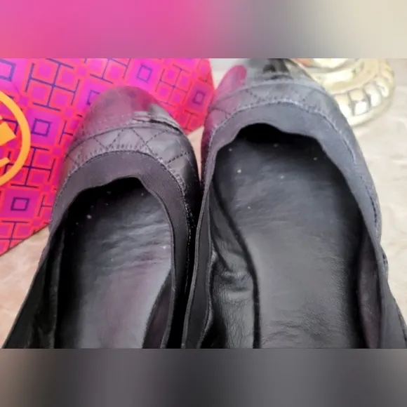 Tory Burch Bridgette Quilted Leather Ballet Flats Padded Black Patent Toe US 8.5