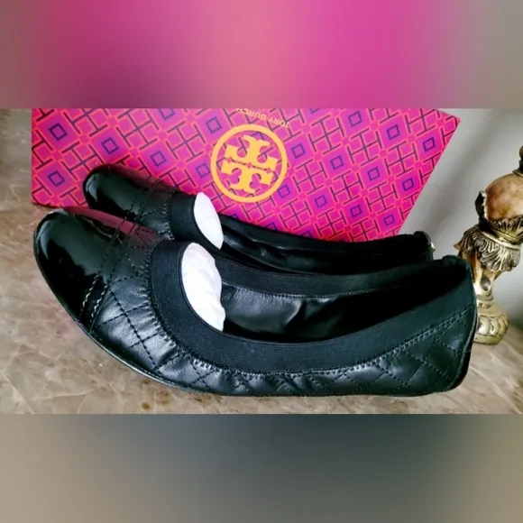 Tory Burch Bridgette Quilted Leather Ballet Flats Padded Black Patent Toe US 8.5