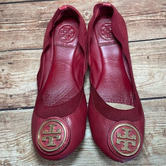 Tory Burch Caroline 2 Cabernet Leather Ballet Flats Gold Logo Women's Size 5 m