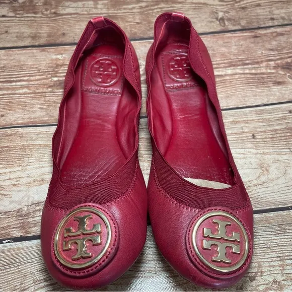 Tory Burch Caroline 2 Cabernet Leather Ballet Flats Gold Logo Women's Size 5 m