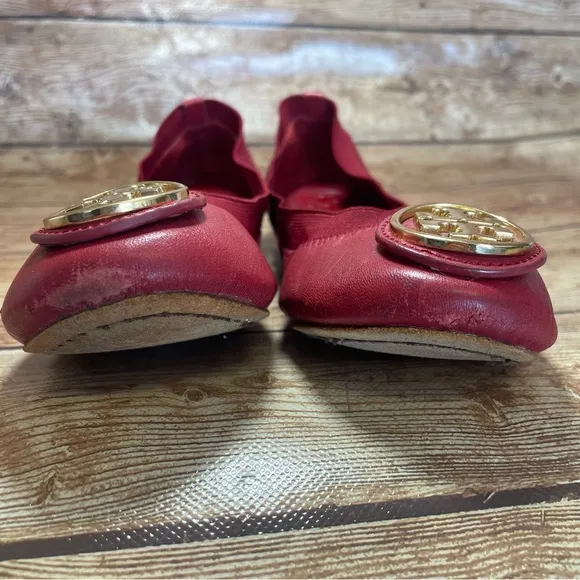 Tory Burch Caroline 2 Cabernet Leather Ballet Flats Gold Logo Women's Size 5 m