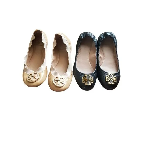 Tory Burch  Caroline Patent Leather  Ballet Flats  Size 7.5 Nude Tan Logo toe