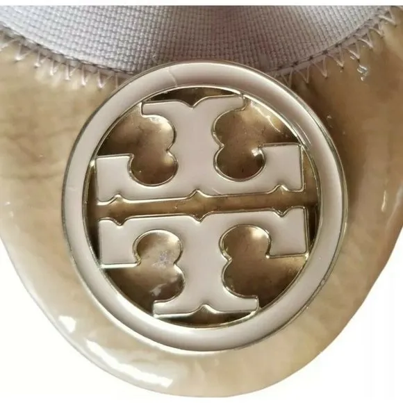 Tory Burch  Caroline Patent Leather  Ballet Flats  Size 7.5 Nude Tan Logo toe