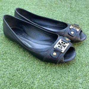 TORY BURCH Cline Flats Blk Pebble Leather Peep Toe size 5 Preowned casual dressy