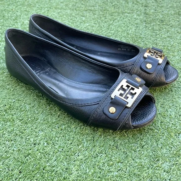 TORY BURCH Cline Flats Blk Pebble Leather Peep Toe size 5 Preowned casual dressy