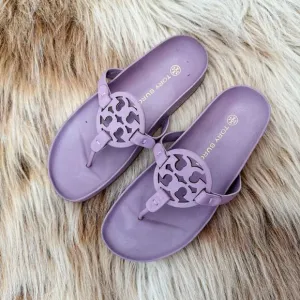 Tory Burch Cloud Miller Sandals Size 8 Lavender Leather Logo Thong Flip Flops