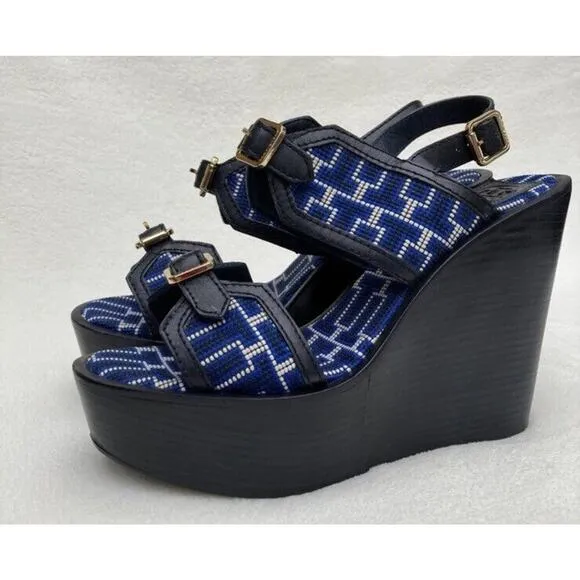 Tory Burch Florian Logo Black Leather embroidered Platform Wedges Sandals 10