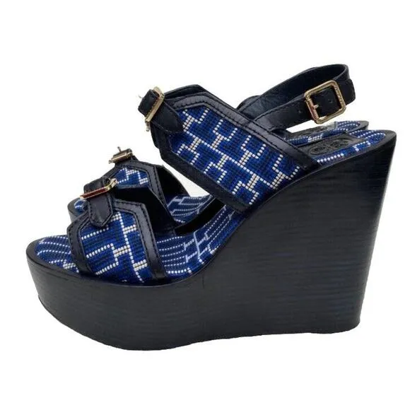 Tory Burch Florian Logo Black Leather embroidered Platform Wedges Sandals 10