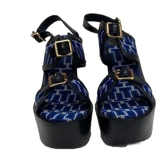 Tory Burch Florian Logo Black Leather embroidered Platform Wedges Sandals 10