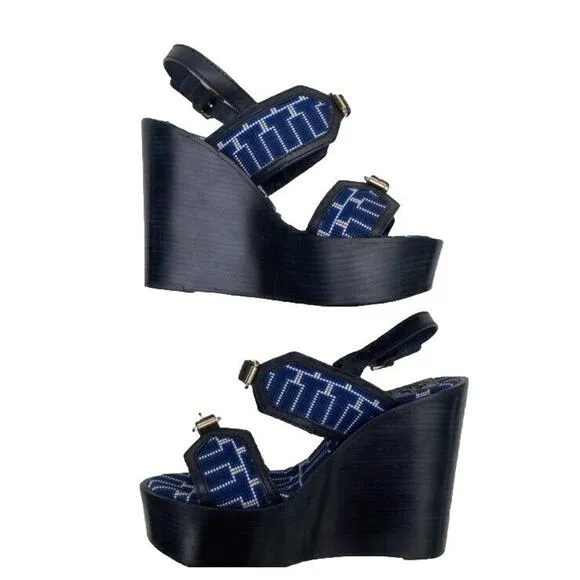 Tory Burch Florian Logo Black Leather embroidered Platform Wedges Sandals 10