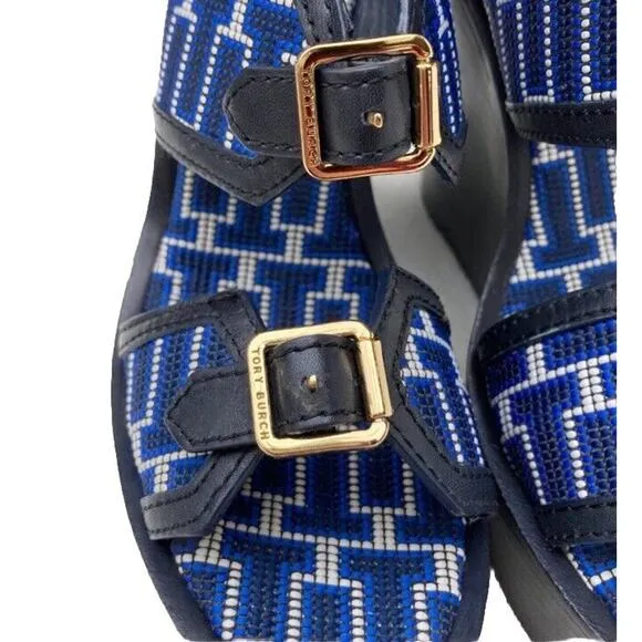 Tory Burch Florian Logo Black Leather embroidered Platform Wedges Sandals 10