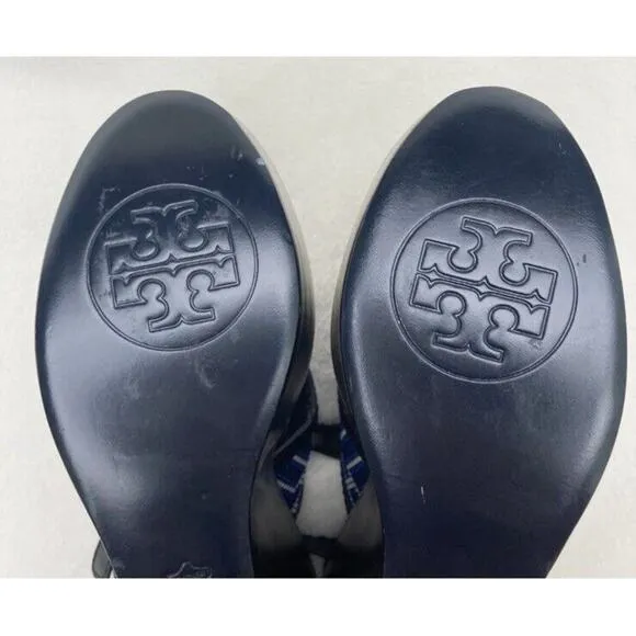 Tory Burch Florian Logo Black Leather embroidered Platform Wedges Sandals 10