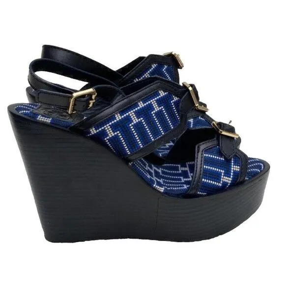Tory Burch Florian Logo Black Leather embroidered Platform Wedges Sandals 10