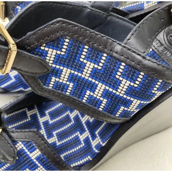 Tory Burch Florian Logo Black Leather embroidered Platform Wedges Sandals 10