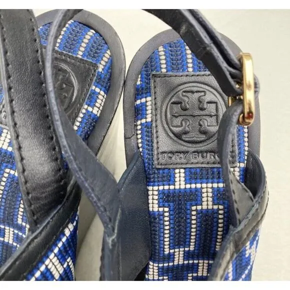 Tory Burch Florian Logo Black Leather embroidered Platform Wedges Sandals 10