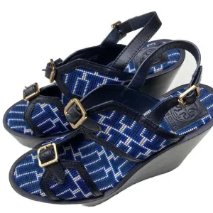 Tory Burch Florian Logo Black Leather embroidered Platform Wedges Sandals 10