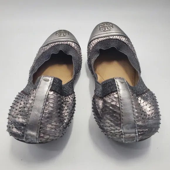 Tory Burch Gabby Ballet-washed Metallic Python Print/Metallic Pewter Gray