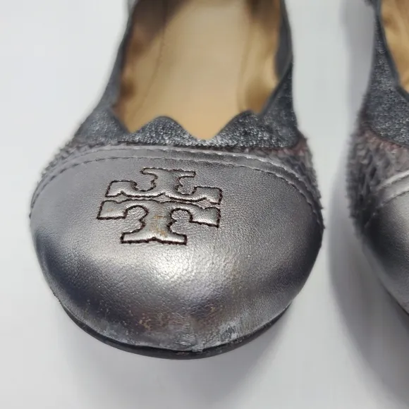 Tory Burch Gabby Ballet-washed Metallic Python Print/Metallic Pewter Gray