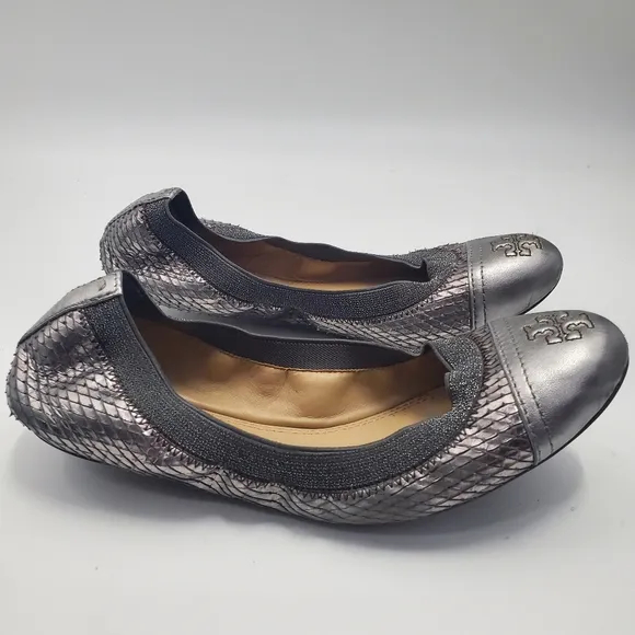 Tory Burch Gabby Ballet-washed Metallic Python Print/Metallic Pewter Gray