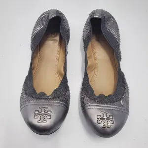 Tory Burch Gabby Ballet-washed Metallic Python Print/Metallic Pewter Gray