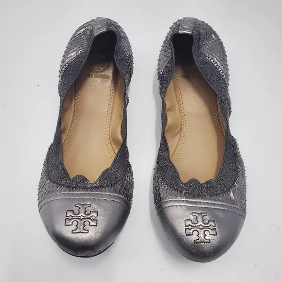 Tory Burch Gabby Ballet-washed Metallic Python Print/Metallic Pewter Gray