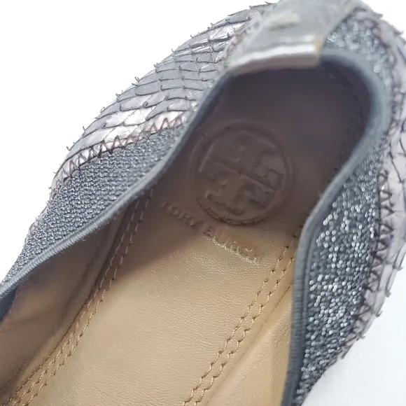 Tory Burch Gabby Ballet-washed Metallic Python Print/Metallic Pewter Gray