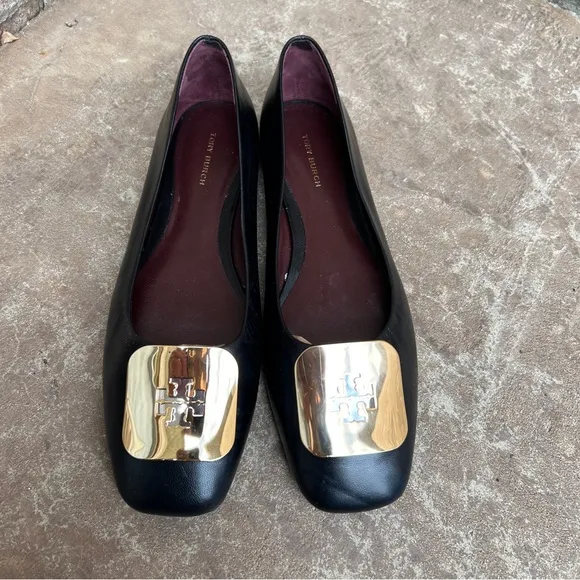 Tory Burch Georgia Black Flats with Gold Accent Sz 9