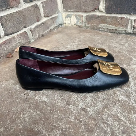 Tory Burch Georgia Black Flats with Gold Accent Sz 9