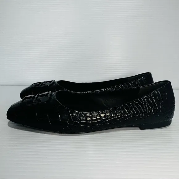 Tory Burch Georgia Black Snake Print Leather Square Toe Ballet Flats Size 9 1/2