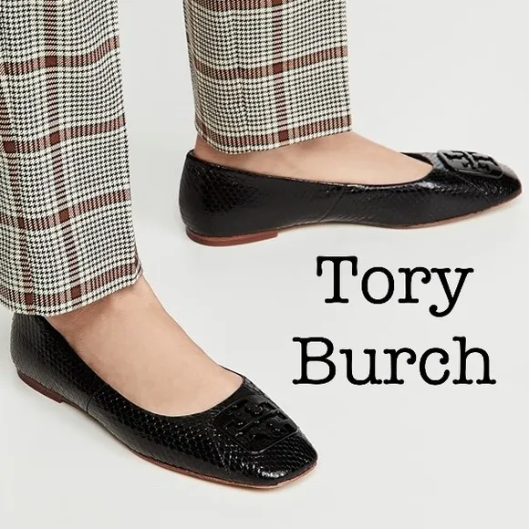 Tory Burch Georgia Black Snake Print Leather Square Toe Ballet Flats Size 9 1/2