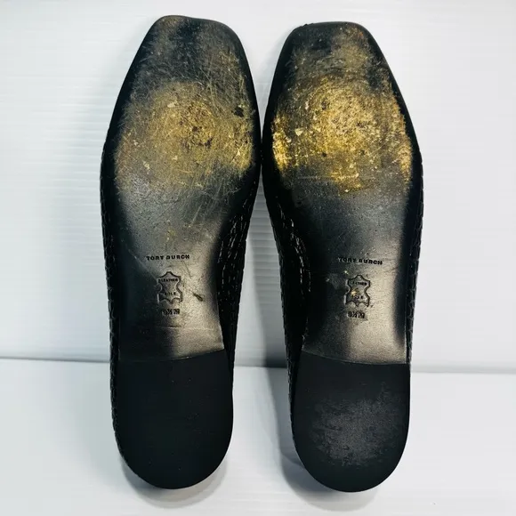 Tory Burch Georgia Black Snake Print Leather Square Toe Ballet Flats Size 9 1/2