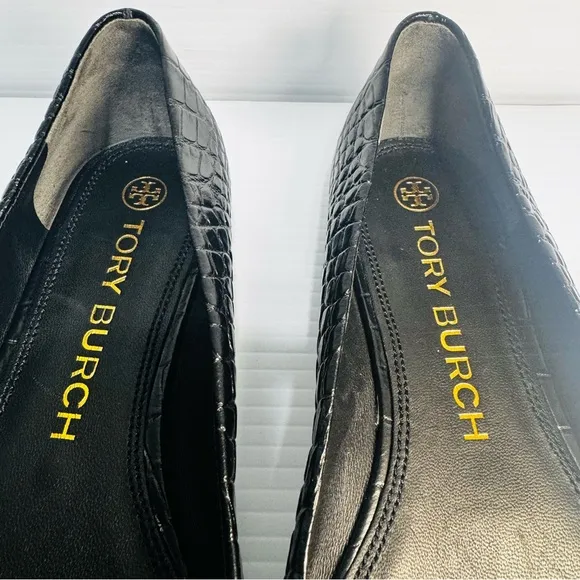 Tory Burch Georgia Black Snake Print Leather Square Toe Ballet Flats Size 9 1/2