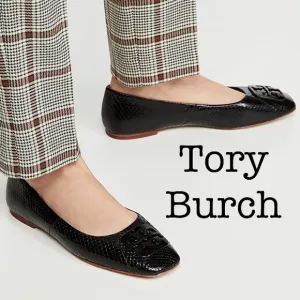 Tory Burch Georgia Black Snake Print Leather Square Toe Ballet Flats Size 9 1/2