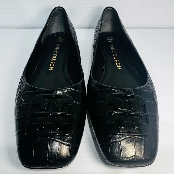 Tory Burch Georgia Black Snake Print Leather Square Toe Ballet Flats Size 9 1/2