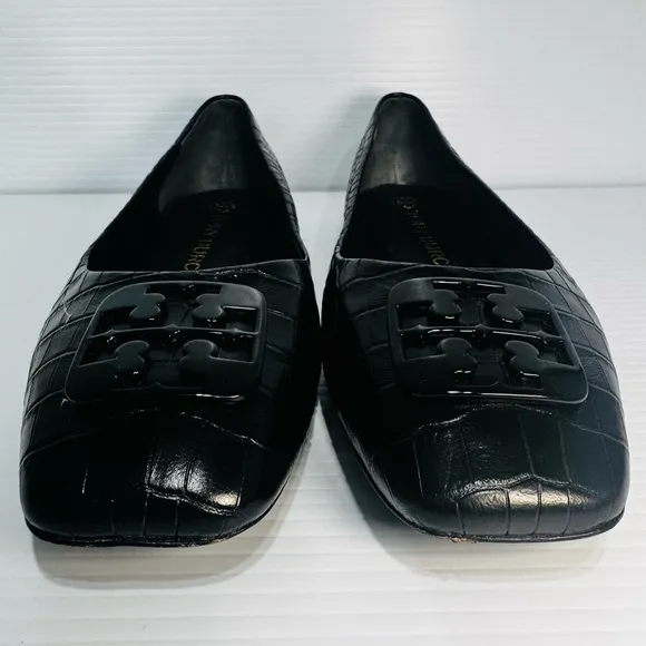 Tory Burch Georgia Black Snake Print Leather Square Toe Ballet Flats Size 9 1/2