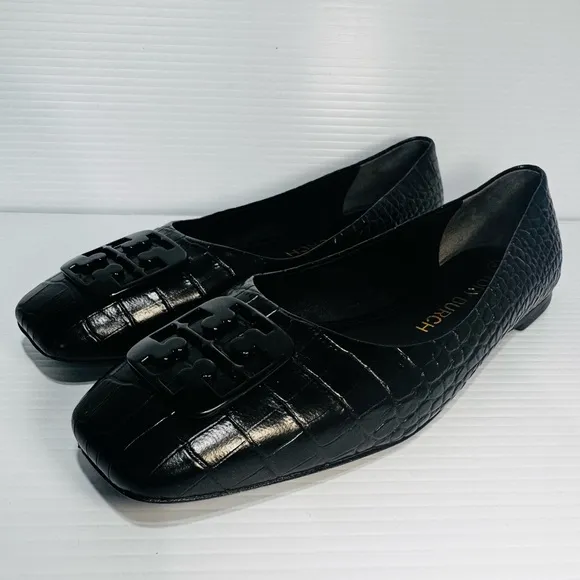 Tory Burch Georgia Black Snake Print Leather Square Toe Ballet Flats Size 9 1/2