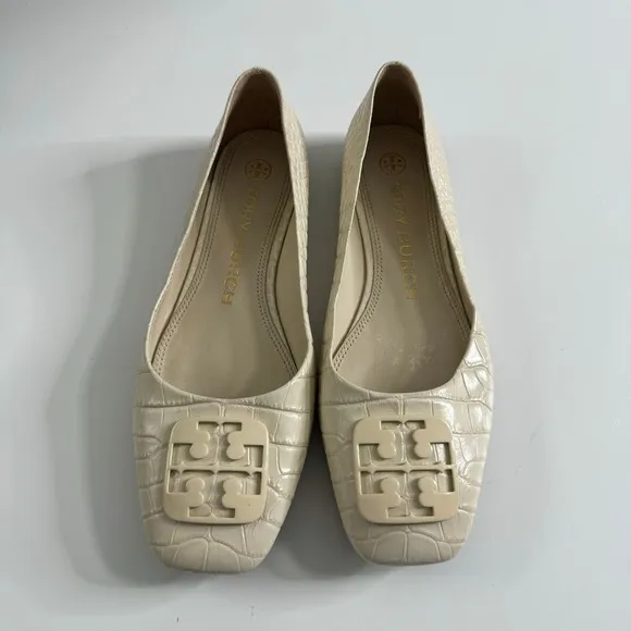 TORY BURCH Georgia Square Toe Croc-Embossed Leather Ballet Flats Cream 7
