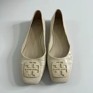 TORY BURCH Georgia Square Toe Croc-Embossed Leather Ballet Flats Cream 7