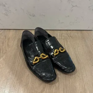 Tory Burch Jessa Black Croc Embossed Leather Horse Hardware Loafers