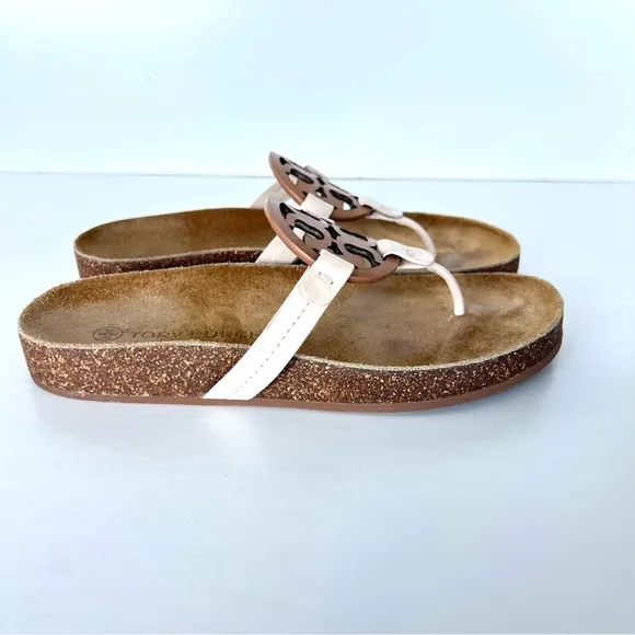 TORY BURCH Miller Cloud Cream Leather Cork Thong Slip On Open Flat Sandal Sz 7.5
