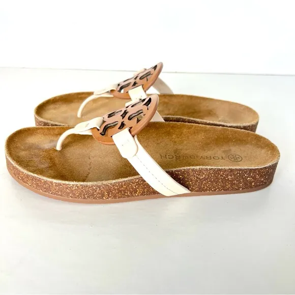 TORY BURCH Miller Cloud Cream Leather Cork Thong Slip On Open Flat Sandal Sz 7.5