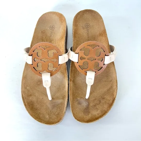 TORY BURCH Miller Cloud Cream Leather Cork Thong Slip On Open Flat Sandal Sz 7.5