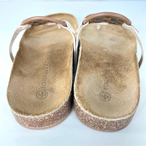 TORY BURCH Miller Cloud Cream Leather Cork Thong Slip On Open Flat Sandal Sz 7.5