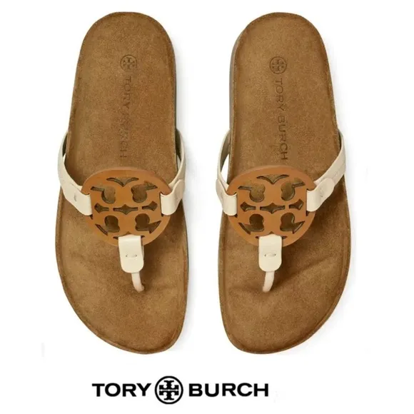TORY BURCH Miller Cloud Cream Leather Cork Thong Slip On Open Flat Sandal Sz 7.5