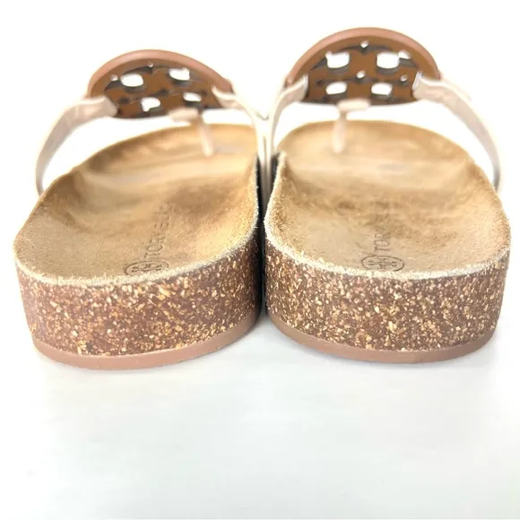 TORY BURCH Miller Cloud Cream Leather Cork Thong Slip On Open Flat Sandal Sz 7.5