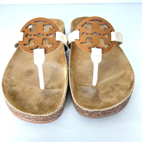 TORY BURCH Miller Cloud Cream Leather Cork Thong Slip On Open Flat Sandal Sz 7.5
