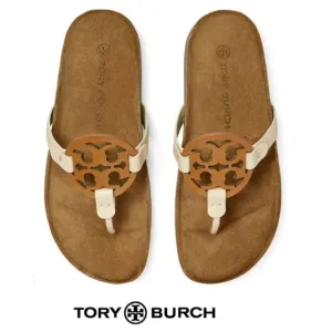 TORY BURCH Miller Cloud Cream Leather Cork Thong Slip On Open Flat Sandal Sz 7.5