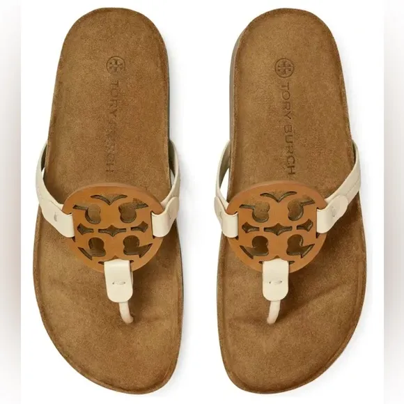 TORY BURCH Miller Cloud Cream Leather Cork Thong Slip On Open Flat Sandal Sz 7.5